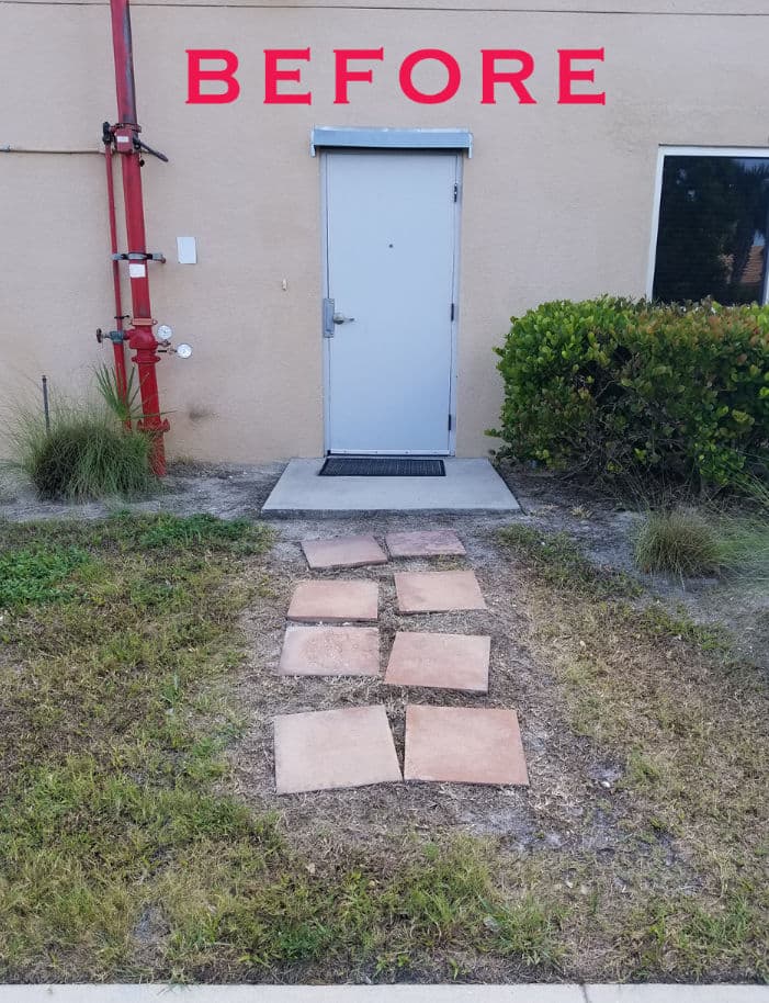 Entrance with stepping stones leading to a gray door, surrounded by grass and plants.