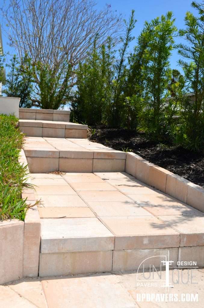 Stone walkway steps with greenery on the side under a clear blue sky.