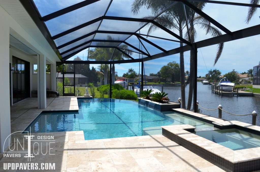 Luxury backyard pool with screened enclosure and waterfront view, Florida lifestyle.