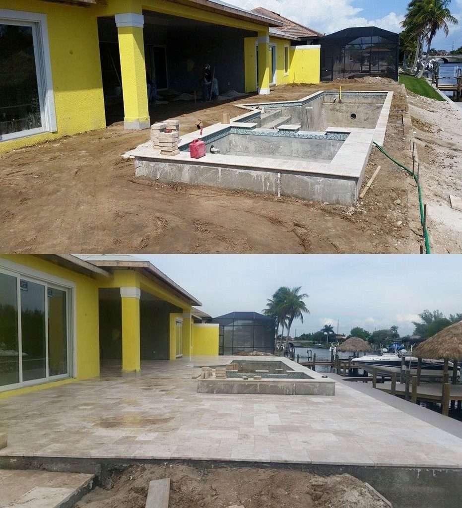 Newly renovated waterfront property with pool area and yellow exterior. Outdoor patio under construction.