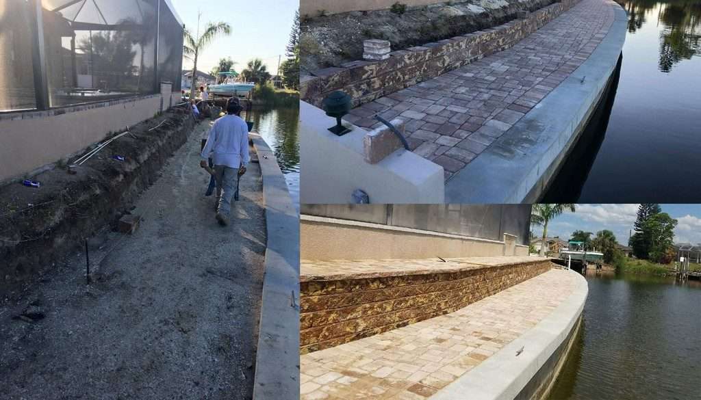 Paver stone walkway installation by a canal with water and construction details.