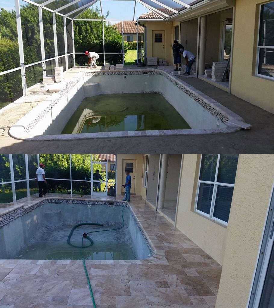 Pool renovation process: from green water to clear after cleaning and upgrading.