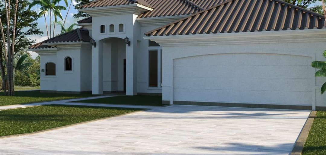 Modern luxury home exterior with a white facade and tiled roof, surrounded by landscaped yard.